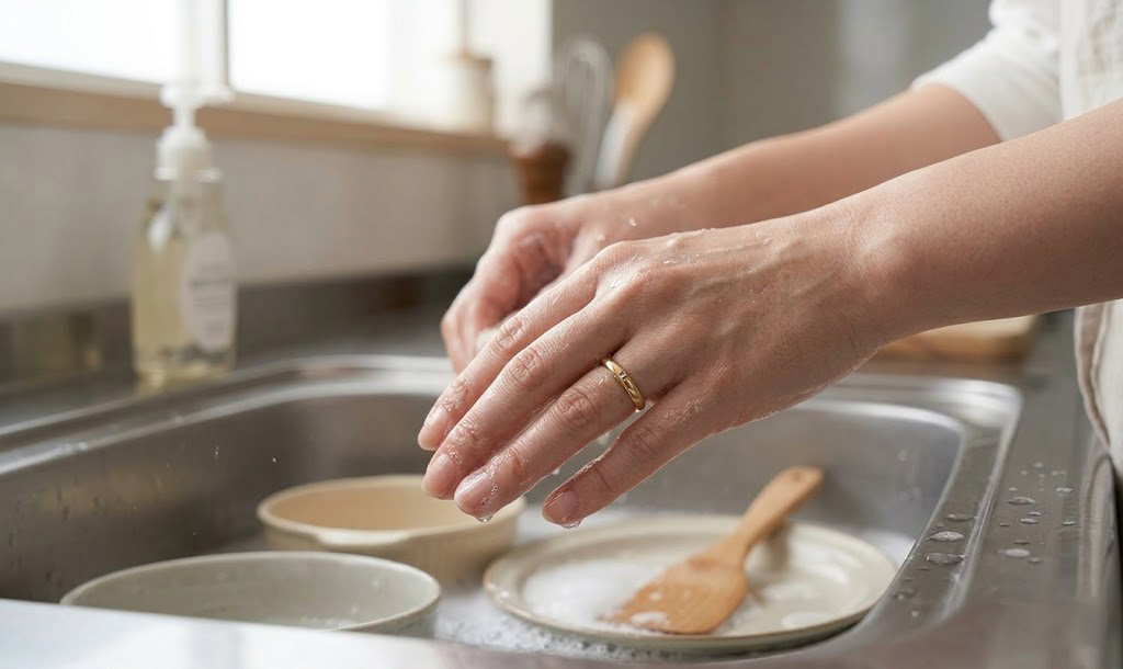 食器洗いや掃除中に金属やシンクと接触する結婚指輪の様子