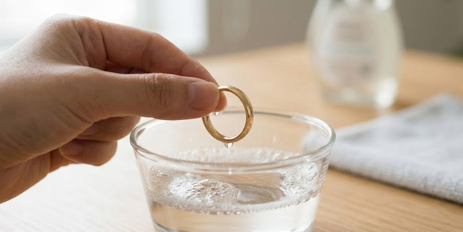 ぬるま湯と中性洗剤を使って自宅で指輪を優しく洗浄する様子